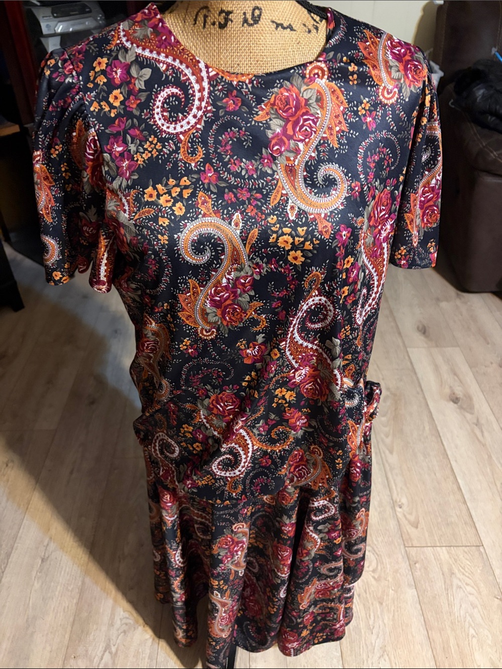Black Paisley Floral Midi Dress with Burgundy & Orange Accents